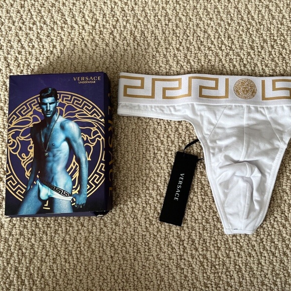 Versace Greca Border Medusa Greek Key Logo White Thong Underwear w/ Tags+Box - Picture 5 of 14